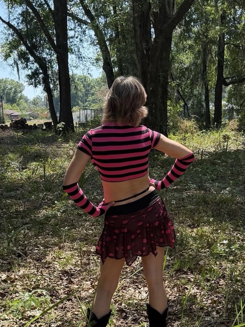 SHEIN Black and Pink Polka Dot Mesh Layered Skort & cropped top with rhinestones - Picture 3 of 6